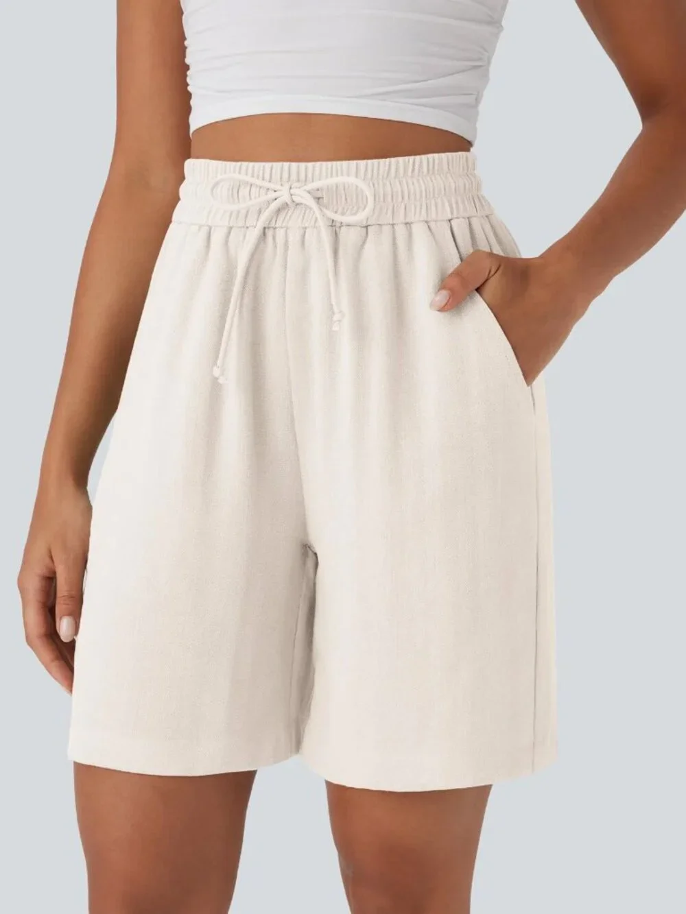 Halara High Waisted Drawstring Casual Linen-Feel Shorts with Pockets